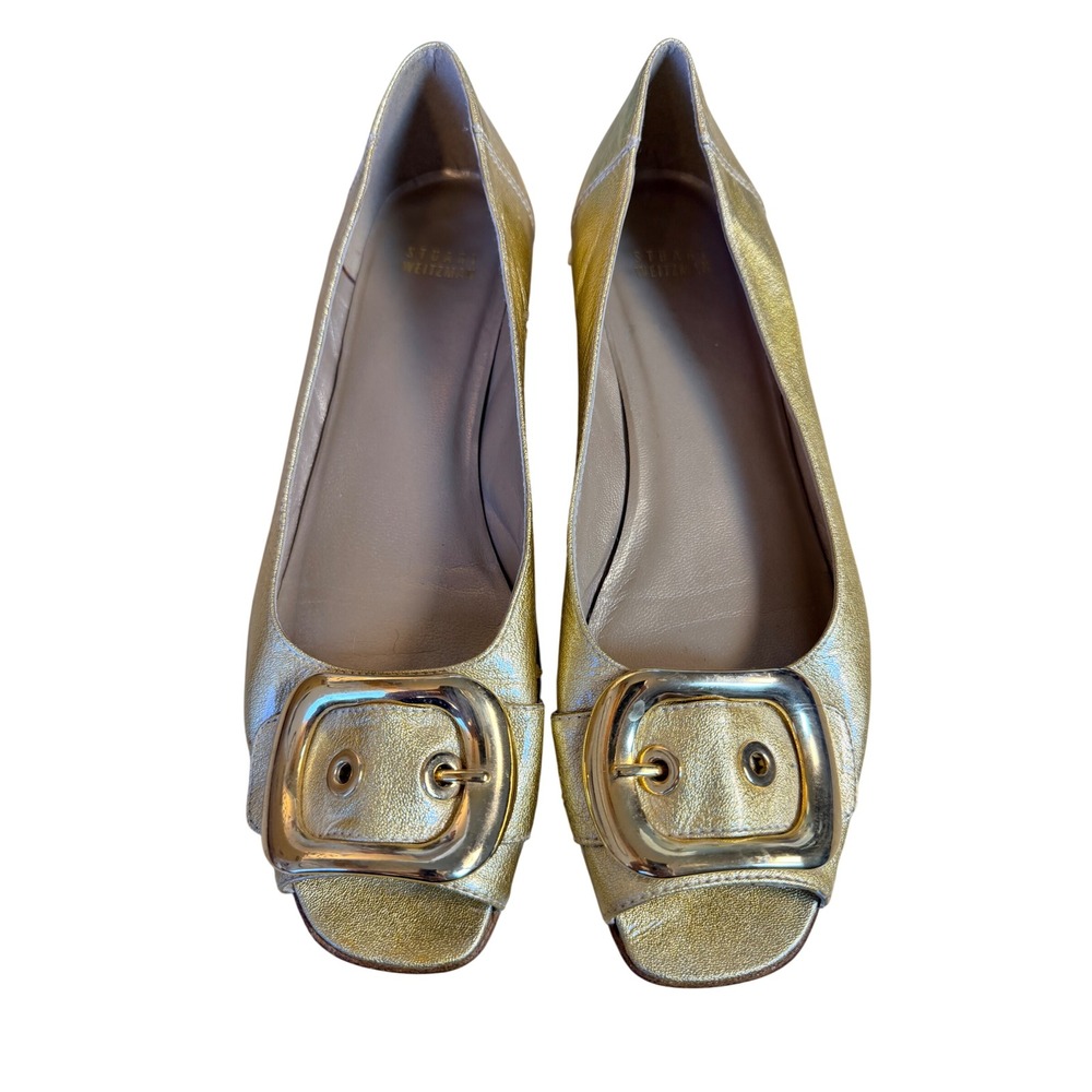 Stuart Weitzman Peep Toe Flats 7.5 Gold Good Metallic Buckle Wedge Glam Chic